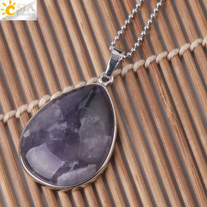 CSJA Stone Pendants Tiger Eye Pink Quartz Purple Crystal Lapis Necklace Women