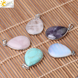 CSJA Stone Pendants Tiger Eye Pink Quartz Purple Crystal Lapis Necklace Women