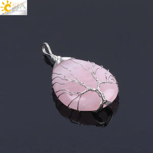 CSJA Pink Quartz Necklace Tree of Life Pendant