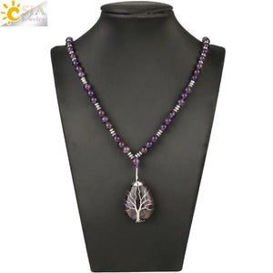 CSJA Purple Crystal Long Necklace Tree of Life Water Drop Pendant Chakra Jewelry