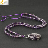 CSJA Purple Crystal Long Necklace Tree of Life Water Drop Pendant Chakra Jewelry
