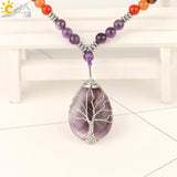CSJA Purple Crystal Long Necklace Tree of Life Water Drop Pendant Chakra Jewelry