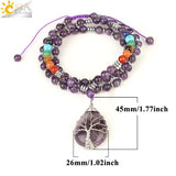 CSJA Purple Crystal Long Necklace Tree of Life Water Drop Pendant Chakra Jewelry