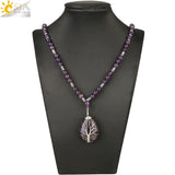 CSJA Purple Crystal Long Necklace Tree of Life Water Drop Pendant Chakra Jewelry