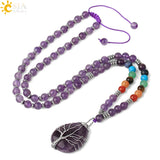 CSJA Purple Crystal Long Necklace Tree of Life Water Drop Pendant Chakra Jewelry