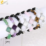 CSJA Stone Pyramid Charm Bracelet Men Healing 8MM Amethyst Crystal Jewelry H141