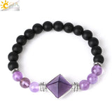 CSJA Stone Pyramid Charm Bracelet Men Healing 8MM Amethyst Crystal Jewelry H141