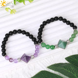 CSJA Stone Pyramid Charm Bracelet Men Healing 8MM Amethyst Crystal Jewelry H141
