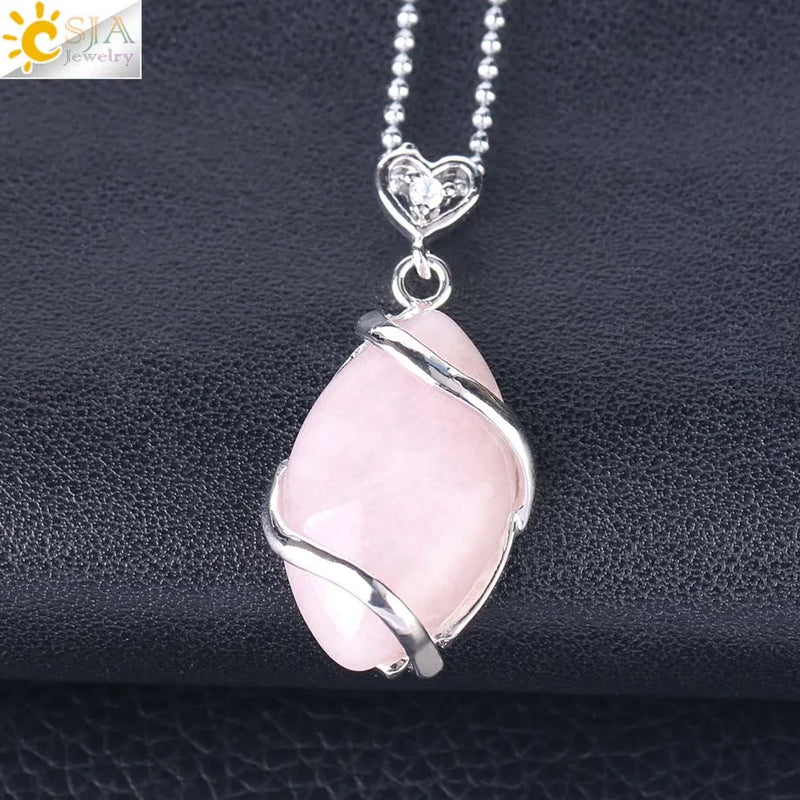 CSJA Natural Stone Quartz Crystal Necklace for Women Healing Stones Pendants