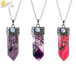 CSJA Natural Stone Sword Necklace Pink Quartz Tiger Eye Jewelry