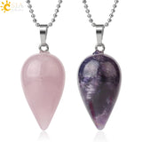 CSJA Stone Teardrop Pendant Necklace Healing Pink Quartz