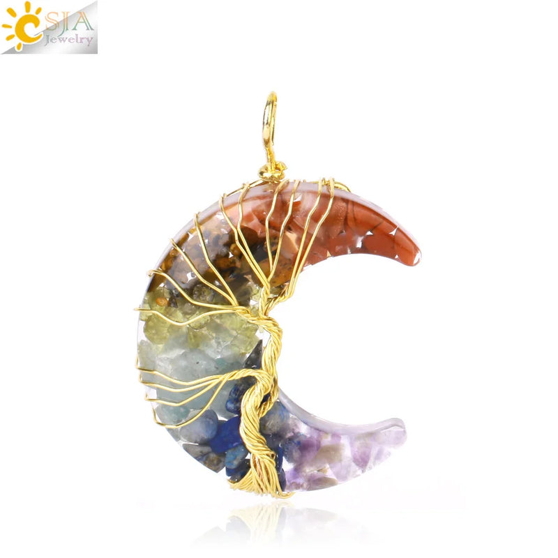 CSJA Tree of Life Pendant Necklace 7 Chakra Crystal Resin Wire Wrap