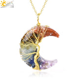 CSJA Tree of Life Pendant Necklace 7 Chakra Crystal Resin Wire Wrap