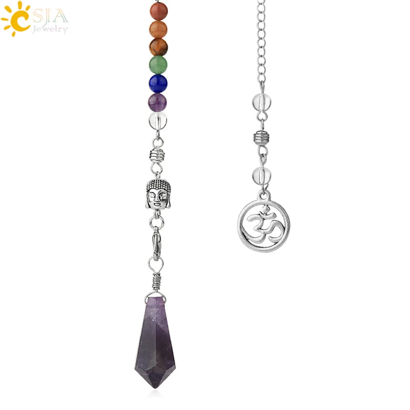 CSJA Buddha Head Pendulum 7 Chakra Chain Pink Quartz Crystal Pendule G343