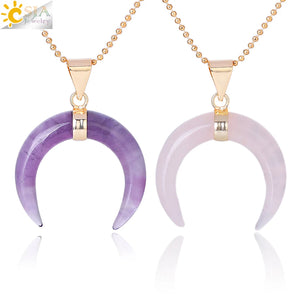 CSJA Purple Crystal Pink Quartz Crescent Moon Pendant