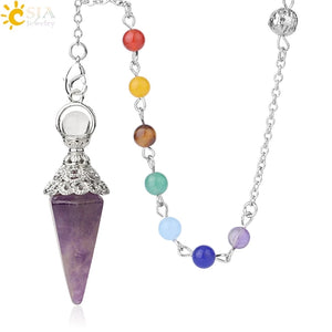 CSJA Stones Pendulum for Dowsing 7 Chakra Chain Cone Pendant Reiki Pendule