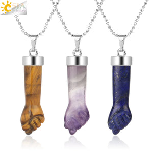 CSJA Natural Stone Pendant Necklace Carved Purple Crystal Quartz Tiger Eye Lapis