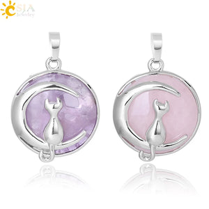 CSJA Cat Moon Pendant Natural Stone Kitten Lucky Jewelry Women Necklaces F334