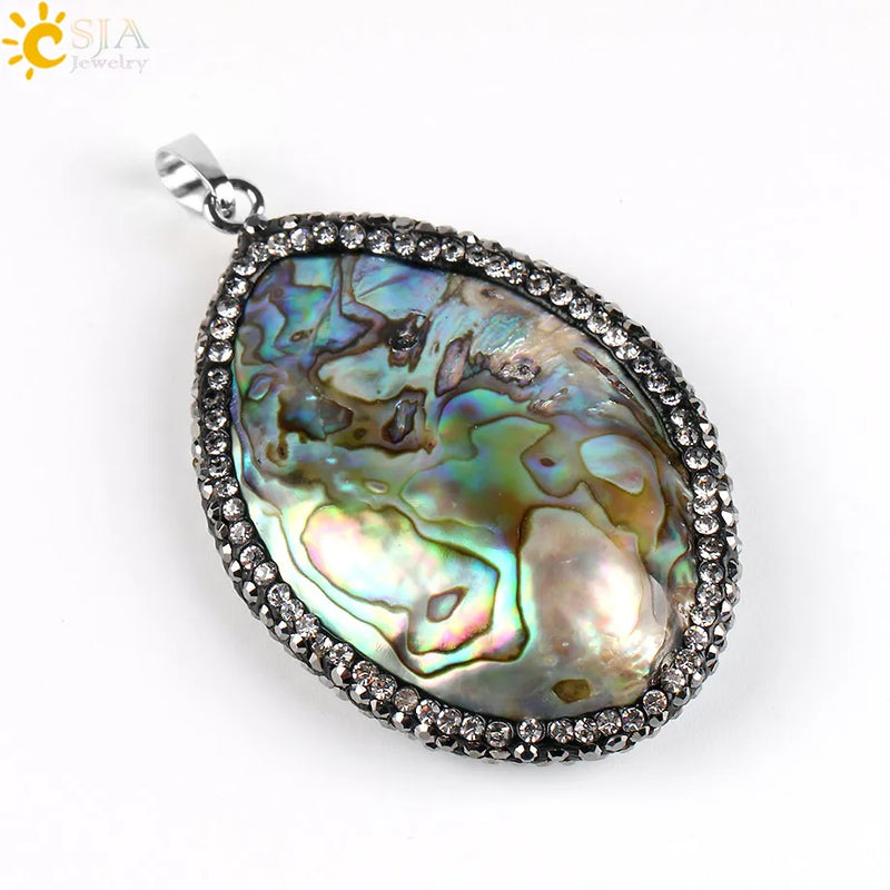 CSJA Abalone Oyster Shell Pendant Necklace Mother of Pearl Rhinestone