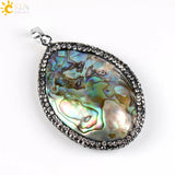 CSJA Abalone Oyster Shell Pendant Necklace Mother of Pearl Rhinestone