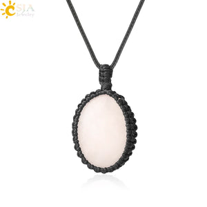 CSJA Oval Crystal Necklace Spirituality Rope Wrapped Natural Stone