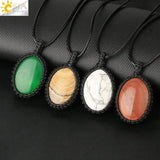CSJA Oval Crystal Necklace Spirituality Rope Wrapped Natural Stone