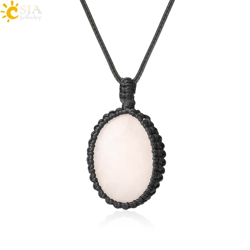 CSJA Oval Crystal Necklace Spirituality Rope Wrapped Natural Stone