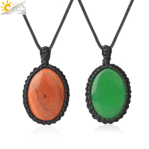 CSJA Oval Crystal Necklace Spirituality Rope Wrapped Natural Stone