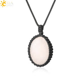 CSJA Oval Crystal Necklace Spirituality Rope Wrapped Natural Stone