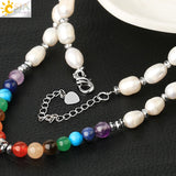 CSJA Oval Freshwater Pearls Necklace 7 Chakra Stones Short Necklaces G460