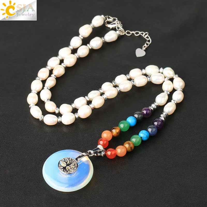 CSJA Oval Freshwater Pearls Necklace 7 Chakra Stones Short Necklaces G460