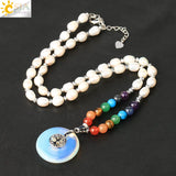 CSJA Oval Freshwater Pearls Necklace 7 Chakra Stones Short Necklaces G460