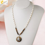 CSJA Oval Natural Pearl Necklace Tree of Life Hollow Round Crystal Pendant
