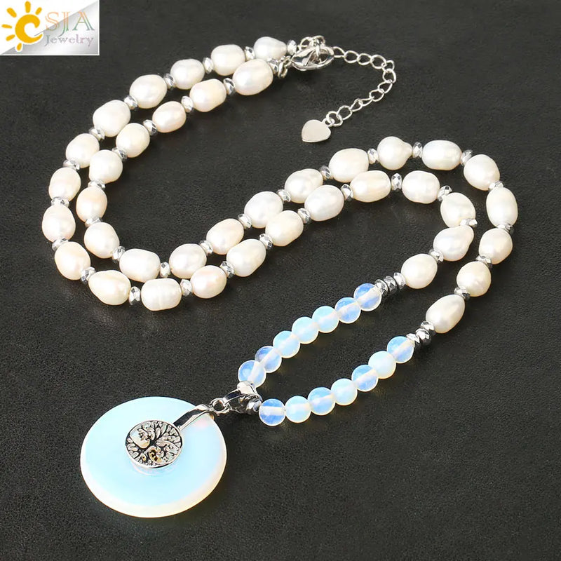 CSJA Oval Natural Pearl Necklace Tree of Life Hollow Round Crystal Pendant