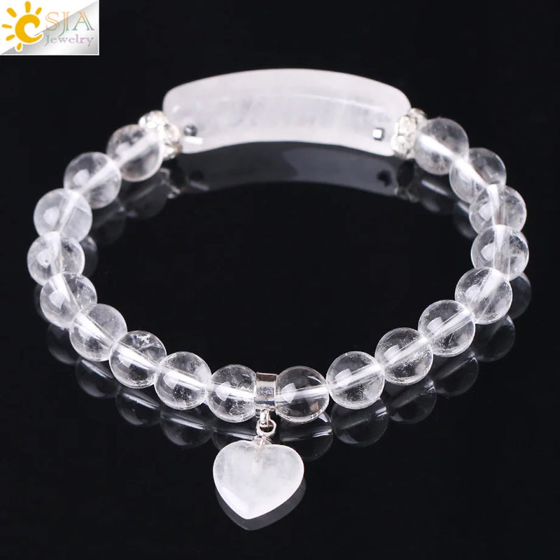 CSJA Clear Quartz Rock Crystal Bracelet Heart Pendant Chakra Jewelry