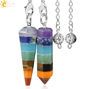 CSJA 7 Chakra Pendulum Natural Gem Stone Healing Point Pendant Chain
