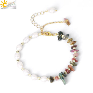 CSJA Reiki Natural Chip Crystal Stone Bracelet for Women Freshwater Pearl