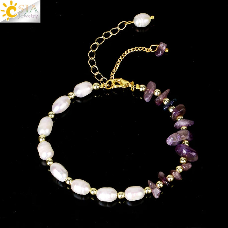 CSJA Reiki Natural Chip Crystal Stone Bracelet for Women Freshwater Pearl