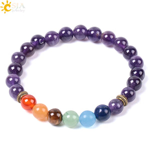 CSJA Amethyst Bracelet 7 Chakra 8mm Yoga Beads