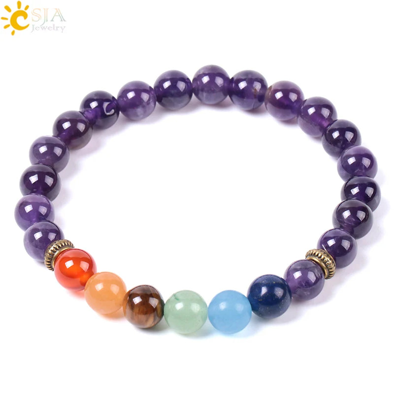 CSJA Amethyst Bracelet 7 Chakra 8mm Yoga Beads