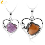 CSJA Reiki Natural Stone Heart Pendant Necklace Healing Amethysts Pink Crystal