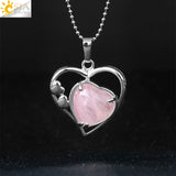 CSJA Reiki Natural Stone Heart Pendant Necklace Healing Amethysts Pink Crystal