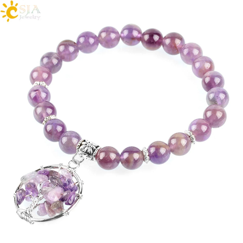 CSJA Reiki Amethyst Bead Bracelet Tree of Life E873