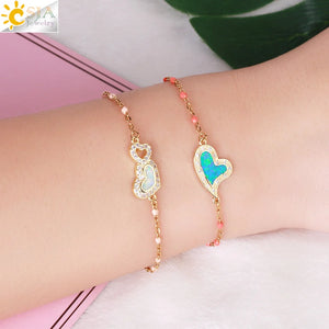 CSJA Women's Golden Heart Link Chain Bracelet Enamel Beads Jewelry