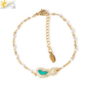 CSJA Women's Golden Heart Link Chain Bracelet Enamel Beads Jewelry