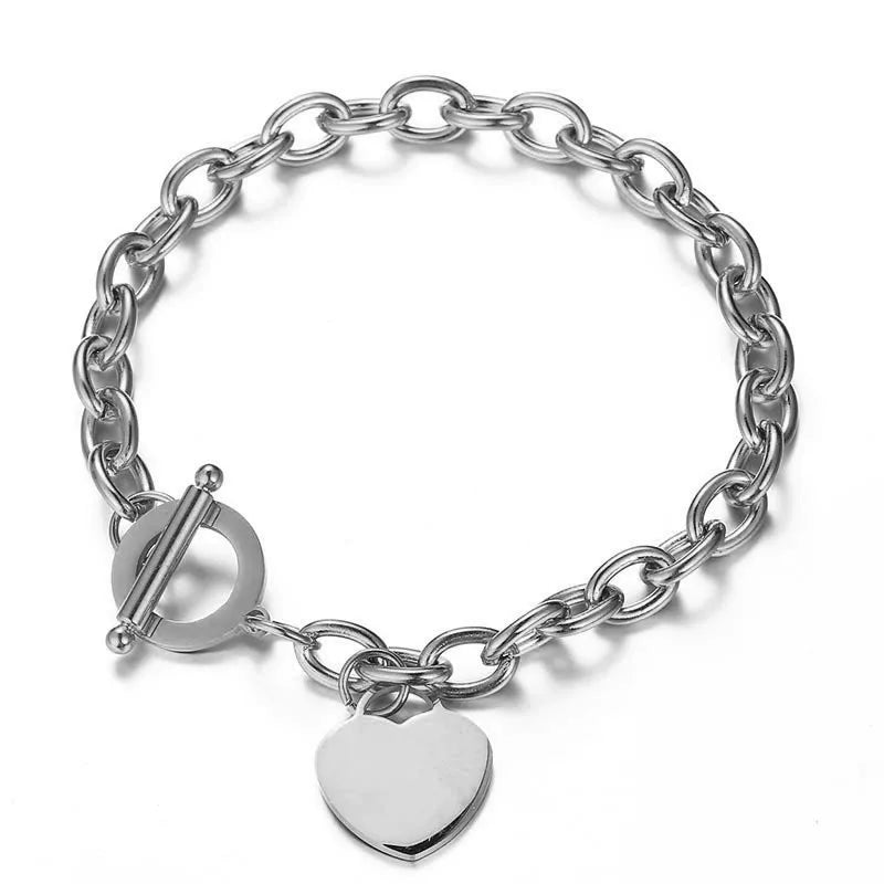 CSJA Stainless Steel Chain Heart Charms Bracelets for Women OT Buckle Bracelet