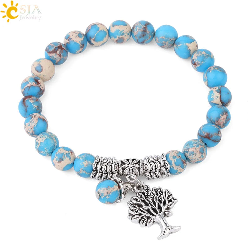 Tree of Life Charms Bracelet 8mm Turquoise Beaded Bangle