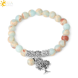 Tree of Life Charms Bracelet 8mm Turquoise Beaded Bangle