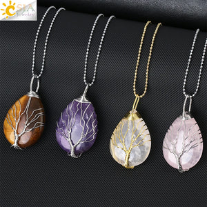 CSJA Tree of Life Crystals Necklace Pendant Water Drop Natural Stone Necklaces