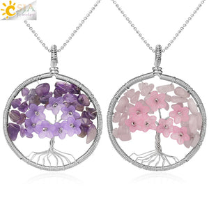 Tree of Life Pendant Necklace Silver Wire Wrap Quartz Crystal Chip